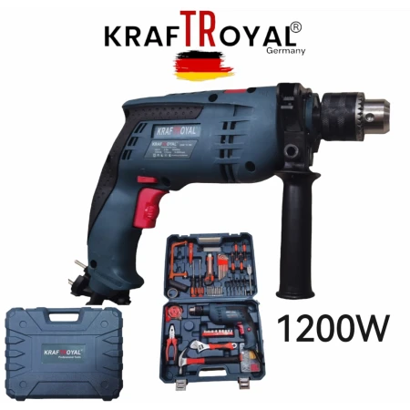 MAȘINĂ DE GĂURIT CU PERCUȚIE (BORMAȘINĂ) 1200W KRAFTROYAL + 111 PIESE UNELTE