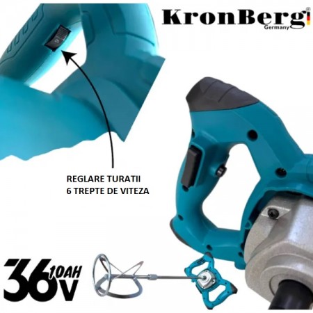 Mixer fără fir pentru beton, vopsea și tencuială, ciment KRONBERG 36V 10AH fără perii cu 2 baterii Mixer fără fir pentru beton, vopsea și tencuială, ciment KRONBERG 36V 10AH fără perii cu 2 baterii