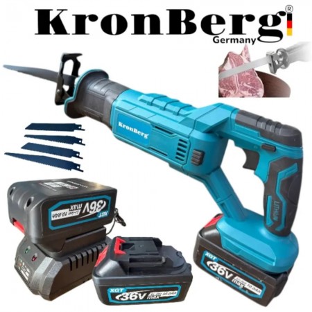 Fierăstrău sabie fără fir KRONBERG, fără perii, 36V, 10AH, pentru tăierea metalului, fierului, plasticului, lemnului, oaselor de carne etc., 4 lame, 2 baterii și încărcător