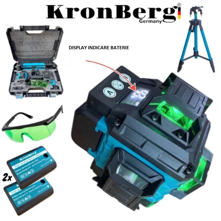 Nivelă laser 4D cu 16 linii și afișaj KRONBERG, 2 baterii și trusă Nivelă laser 4D cu 16 linii și afișaj KRONBERG, 2 baterii și trusă