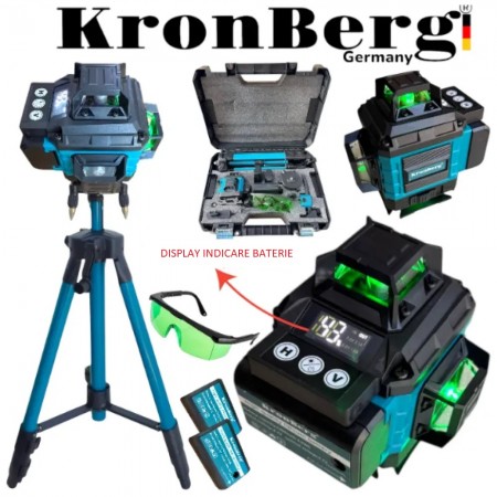 Nivelă laser 4D cu 16 linii și afișaj KRONBERG, 2 baterii și trusă