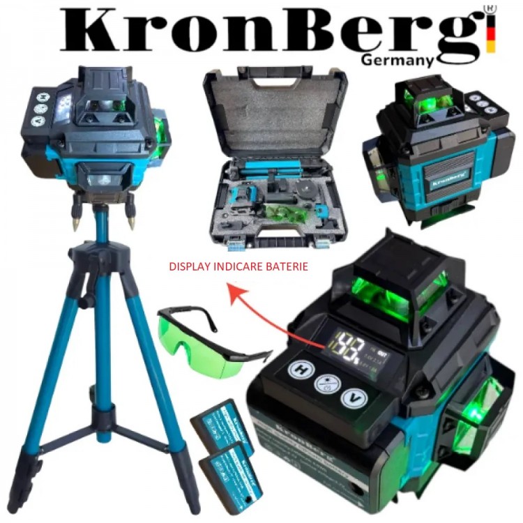 Nivelă laser 4D cu 16 linii și afișaj KRONBERG, 2 baterii și trusă Nivelă laser 4D cu 16 linii și afișaj KRONBERG, 2 baterii și trusă