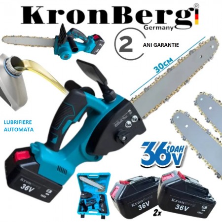 Ferăstrău cu lanț fără fir și fără perii pentru lemn și crengi KRONBERG cu lubrifiere automată a lanțului 36V 10AH KRONBERG 2 baterii