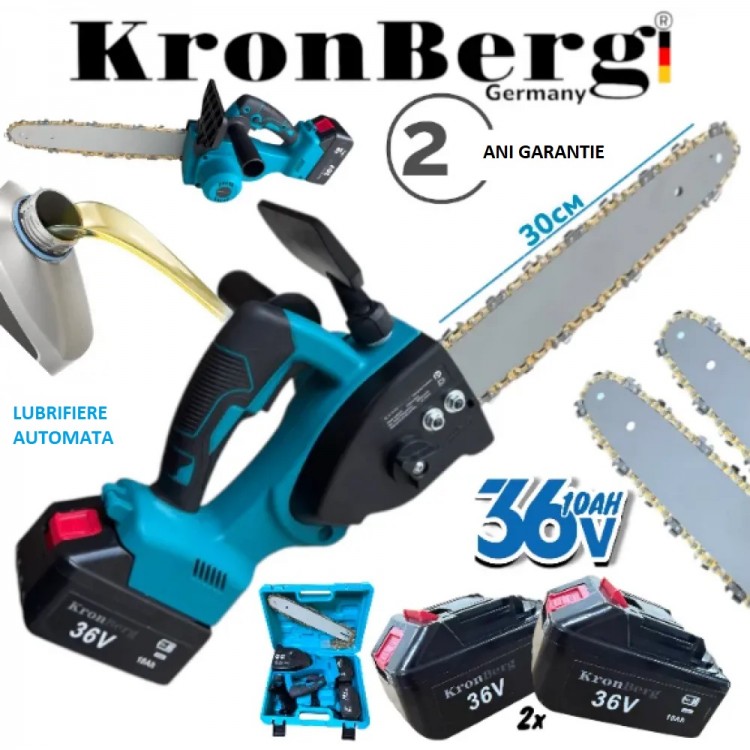 Ferăstrău cu lanț fără fir și fără perii pentru lemn și crengi KRONBERG cu lubrifiere automată a lanțului 36V 10AH KRONBERG 2 baterii Ferăstrău cu lanț fără fir și fără perii pentru lemn și crengi KRONBERG cu lubrifiere automată a lanțului 36V 10AH KRONBERG 2 baterii