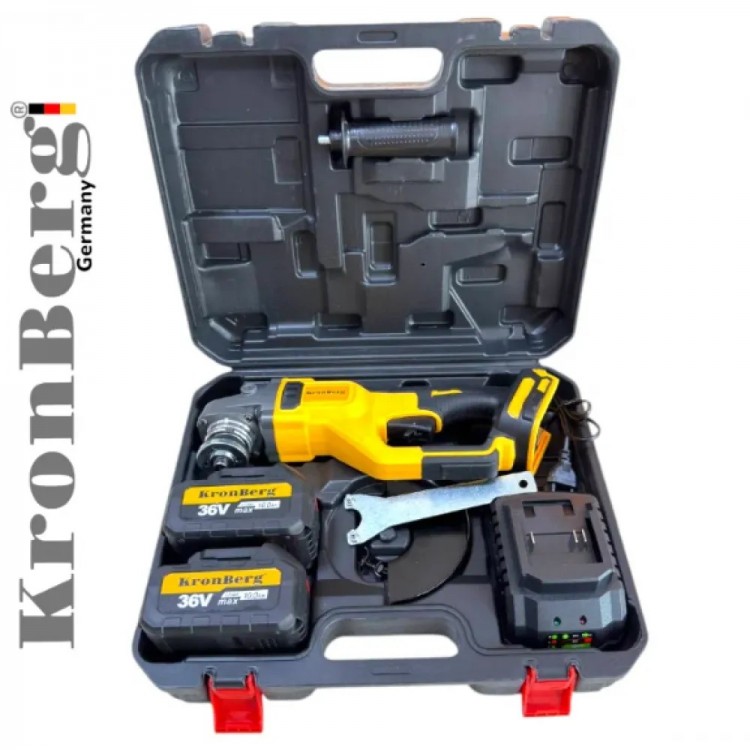 Polizor unghiular profesional fără fir KRONBERG 125 mm 36 V 10 Ah 2 baterii și încărcător în trusă Polizor unghiular profesional fără fir KRONBERG 125 mm 36 V 10 Ah 2 baterii și încărcător în trusă