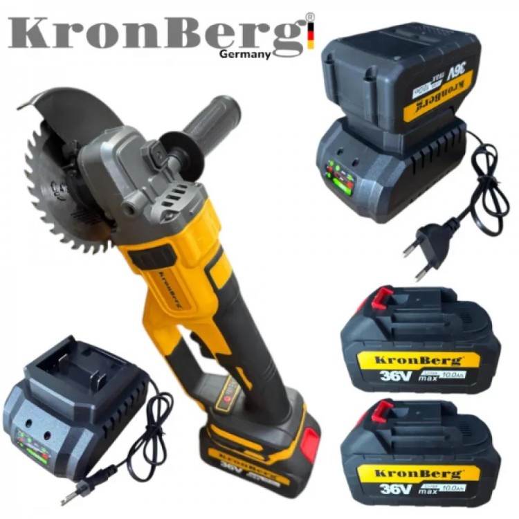 Polizor unghiular profesional fără fir KRONBERG 125 mm 36 V 10 Ah 2 baterii și încărcător în trusă Polizor unghiular profesional fără fir KRONBERG 125 mm 36 V 10 Ah 2 baterii și încărcător în trusă