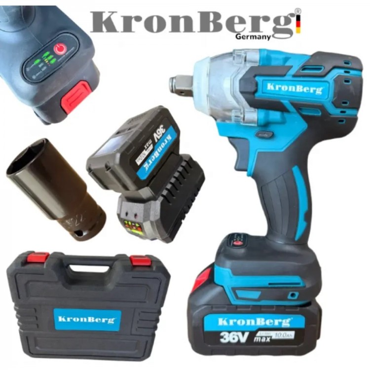 Cheie de impact fără fir cu impact combinat 36V 10AH 850Nm KRONBERG Încărcător pentru 2 baterii și cutie Cheie de impact fără fir cu impact combinat 36V 10AH 850Nm KRONBERG Încărcător pentru 2 baterii și cutie