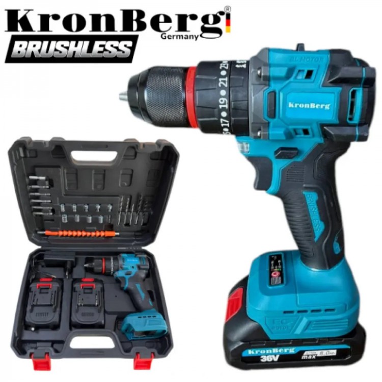 Șurubelniță profesională fără fir KRONBERG Impact 36V, 8.0Ah, încărcător cu 2 baterii și cutie