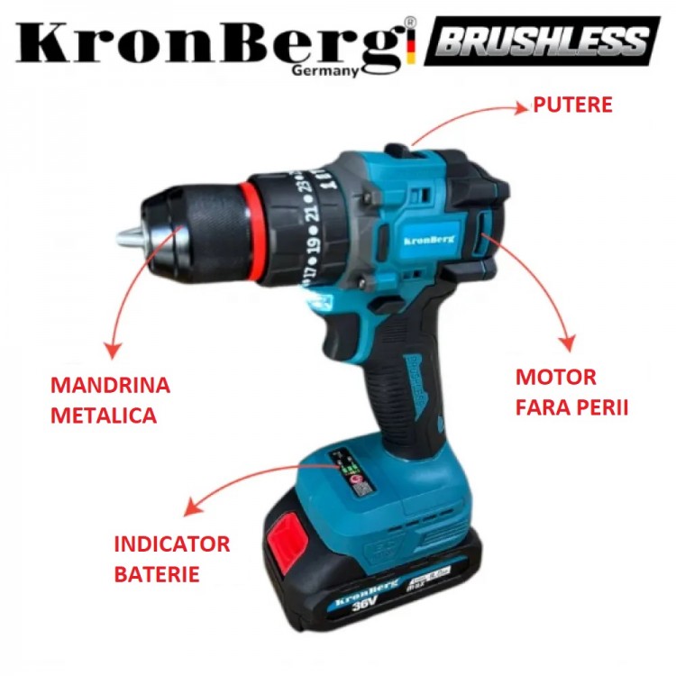 Șurubelniță profesională fără fir KRONBERG Impact 36V, 8.0Ah, încărcător cu 2 baterii și cutie