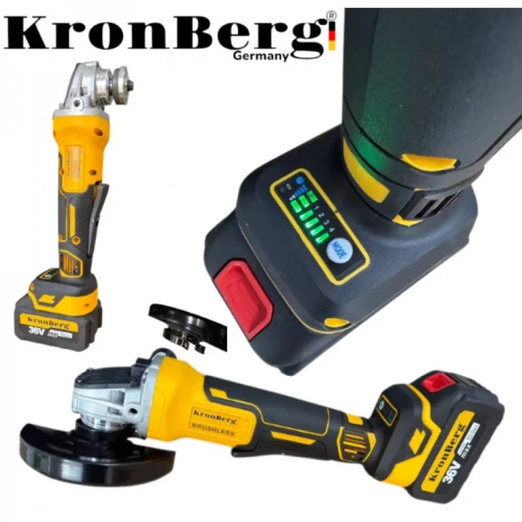 Polizor unghiular fără perii KRONBERG cu acumulator 125 mm 36 V 10 Ah 2 baterii și încărcător în geantă