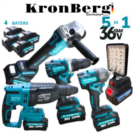 Set fără fir 5 în 1, cheie de impact cu spot LED, polizor unghiular, șurubelniță și ciocan perforator fără perii KRONBERG 36V 10AH cu 4 baterii