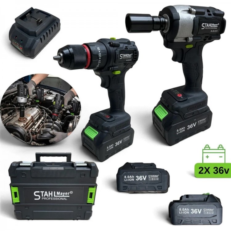 Set combinat șurubelniță și cheie e impact 2 în 1 fără fir 36V 8.0AH STAHLMAYER 2 baterii în trusă Set combinat șurubelniță și cheie e impact 2 în 1 fără fir 36V 8.0AH STAHLMAYER 2 baterii în trusă