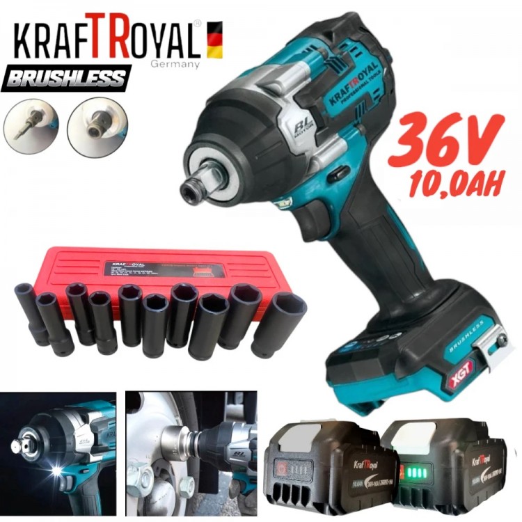 Cheie combinată fără fir / Mașină de înșurubat cu impact fără fir, fără perii, KRAFT ROYAL 36V 8.0AH, 2 baterii + 10 chei tubulare forjate extinse 10-24mm Cheie combinată fără fir / Mașină de înșurubat cu impact fără fir, fără perii, KRAFT ROYAL 36V 8.0AH, 2 baterii + 10 chei tubulare forjate extinse 10-24mm