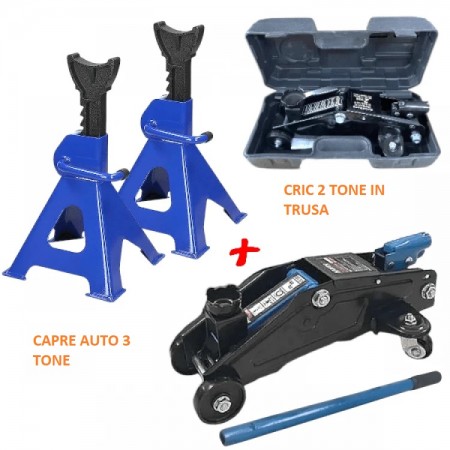 Cric Crocodile 2 tone într-o trusă 135-320mm + Set capre auto 3 tone 290-420mm Suport auto