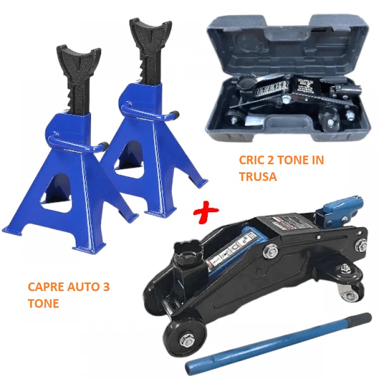 Cric Crocodile 2 tone într-o trusă 135-320mm + Set capre auto 3 tone 290-420mm Suport auto