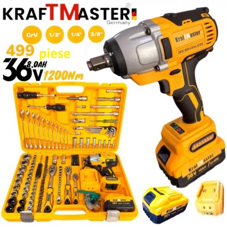 Cheie deimpact mare profesională fără fir, fără perii, 1200Nm, puternică, 36V, 8.0AH + 499 piese într-o cutie KRAFTMASTER + cadou 500 de bucăți de Coliere tip Bride Fasete (soricei)
