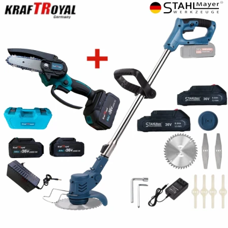 Tăietor fără fir pentru gard viu 36V + Trimmer pentru iarbă cu acumulator 36V 8,0AH de la Stahlmayer și KraftRoyal în promoție