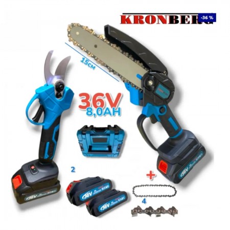 Foarfecă și mini drujba 2 în 1 36V 8.0AH cu 4 lanțuri 2 bare 2 baterii KRONBERG