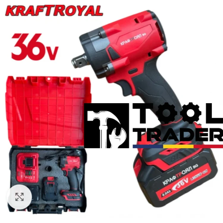 Cheie cu 2 acumulatori, KraftRoyal, motor pe perii, 36 V / 8A/ 850 Nm