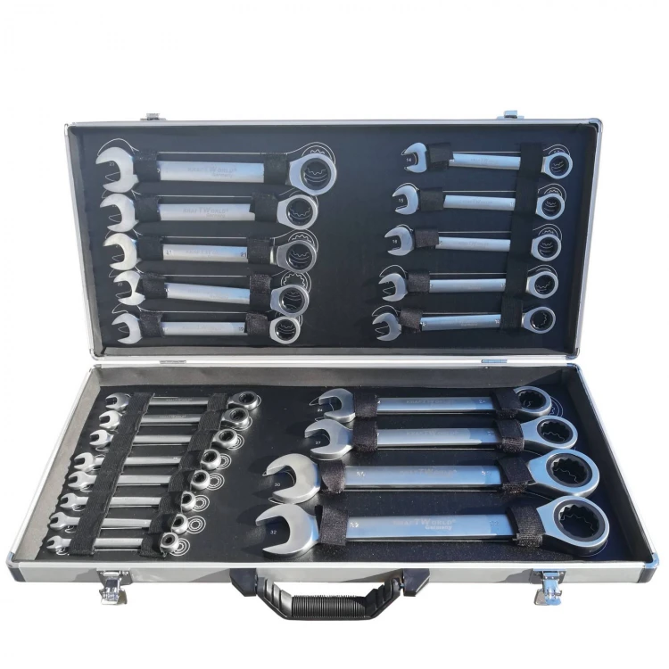 SET DE CHEI DREPTE CU CLICHET DE LA 6MM LA 32MM, 22 DE PIESE ÎN TRUSĂ METALICĂ KRAFTROYAL SET DE CHEI DREPTE CU CLICHET DE LA 6MM LA 32MM, 22 DE PIESE ÎN TRUSĂ METALICĂ KRAFTROYAL