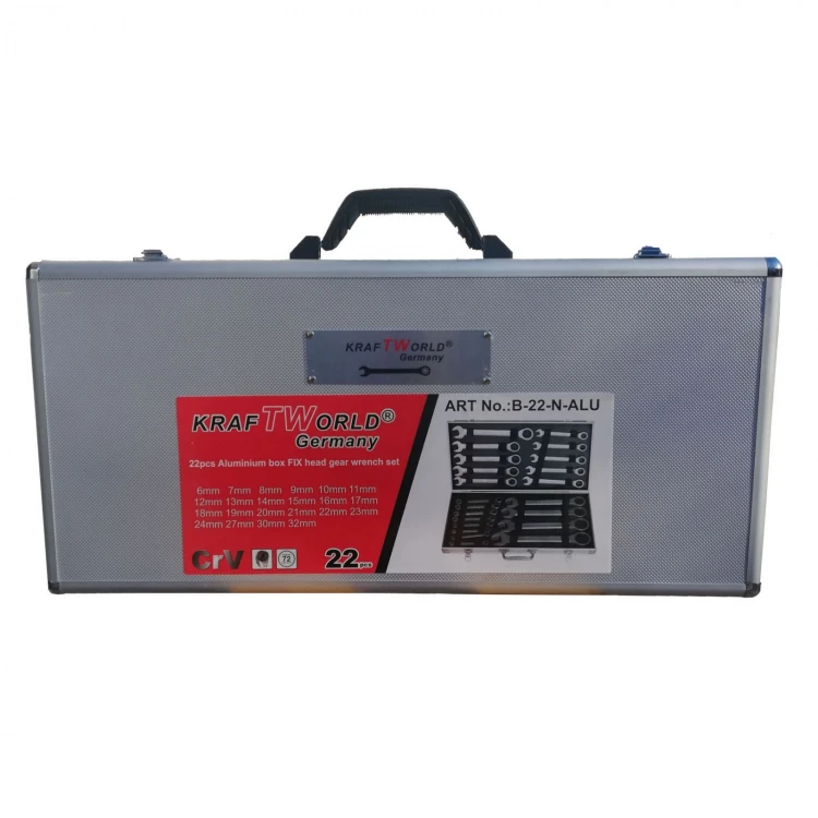 SET DE CHEI DREPTE CU CLICHET DE LA 6MM LA 32MM, 22 DE PIESE ÎN TRUSĂ METALICĂ KRAFTROYAL SET DE CHEI DREPTE CU CLICHET DE LA 6MM LA 32MM, 22 DE PIESE ÎN TRUSĂ METALICĂ KRAFTROYAL