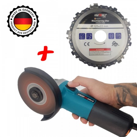 POLIZOR UNGHIULAR KRAFTROYAL 125 MM, 1100W, CU CONTROL AL VITEZEI + DISC POLIZOR UNGHIULAR CU LANȚ, PENTRU TĂIEREA LEMNULUI KRAFT WORLD