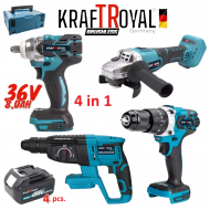 PACHET TOP HELPER 4 PIESE : BORMASINA CU IMPACT+BORMASINA DE GAURIT SI INSURUBAT+FLEX+CIOCAN ROTOPERCUTOR CU 3 ACUMULATORI 36V 8AH