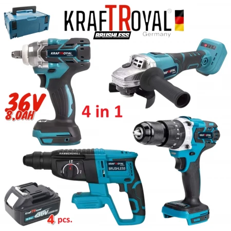 PACHET TOP HELPER 4 PIESE : BORMASINA CU IMPACT+BORMASINA DE GAURIT SI INSURUBAT+FLEX+CIOCAN ROTOPERCUTOR CU 3 ACUMULATORI 36V 8AH