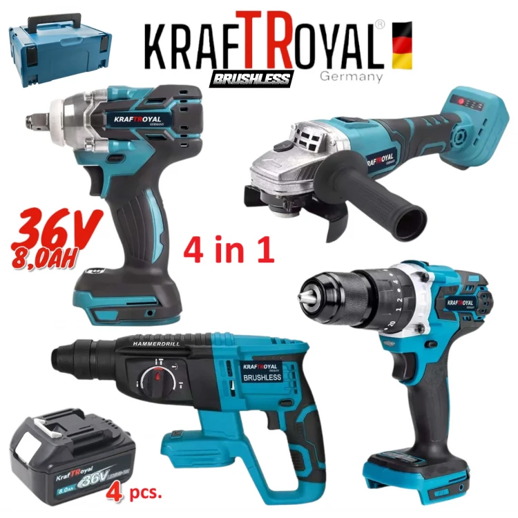 PACHET TOP HELPER 4 PIESE : BORMASINA CU IMPACT+BORMASINA DE GAURIT SI INSURUBAT+FLEX+CIOCAN ROTOPERCUTOR CU 3 ACUMULATORI 36V 8AH