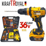 MAȘINA DE GAURIT SI INȘURUBAT CU PERCUȚIE KRAFTROYAL XR 111 ACCESORII,2 ACUMULATORI,36V,8AH