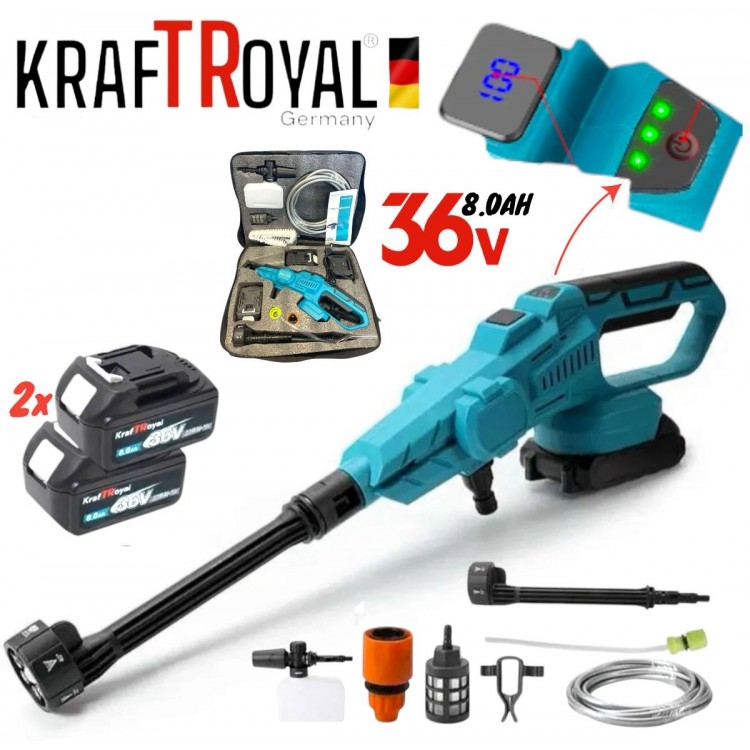 Aparat de splat cu presiune, cu motor fara perii, fara fir, 6 in 1, 36 V, 8,0 Ah, KRAFTROYAL, 200 bar, 3500 W, cu afisaj, pulverizator cu 6 duze, 2 baterii Aparat de splat cu presiune, cu motor fara perii, fara fir, 6 in 1, 36 V, 8,0 Ah, KRAFTROYAL, 200 bar, 3500 W, cu afisaj, pulverizator cu 6 duze, 2 baterii