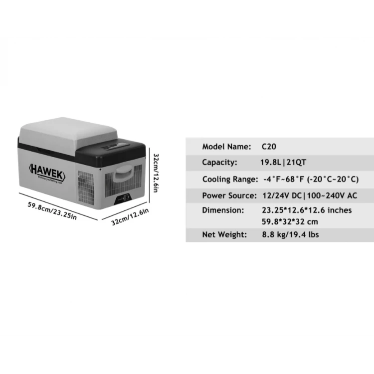 Frigider portabil cu compresor HAWEK 20L – 12V / 24V / 220V | Răcire și congelare oriunde, model: C20