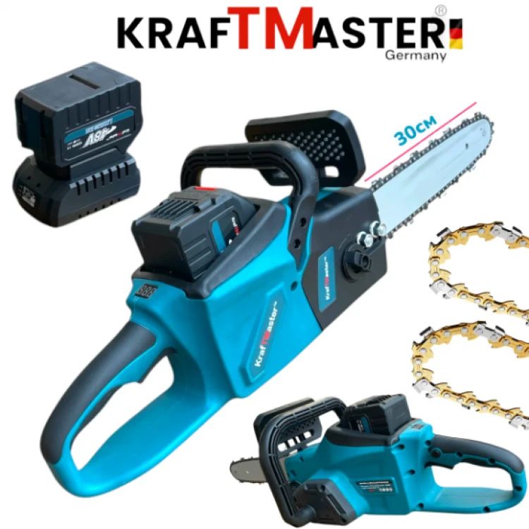 Ferăstrău cu lanț fără fir, tăietor de lemne cu afișaj, 48V 12AH, 2 baterii, 2 lanțuri, KRAFTMASTER, bară de 30cm Ferăstrău cu lanț fără fir, tăietor de lemne cu afișaj, 48V 12AH, 2 baterii, 2 lanțuri, KRAFTMASTER, bară de 30cm
