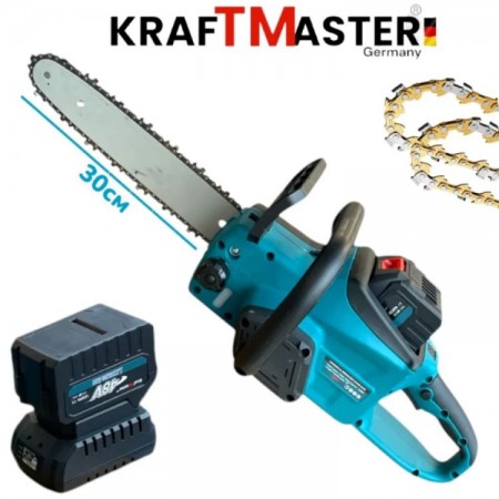 Ferăstrău cu lanț fără fir, tăietor de lemne cu afișaj, 48V 12AH, 2 baterii, 2 lanțuri, KRAFTMASTER, bară de 30cm