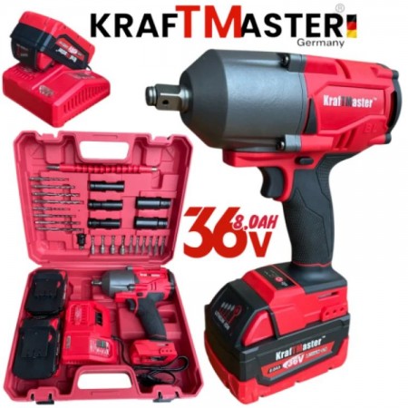 Cheie mare fără fir 1/2 36V 8Ah KRAFTMASTER cu 25 de piese, 2 baterii și încărcător în trusă
