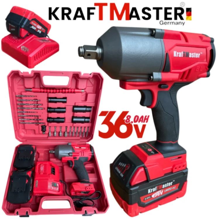 Cheie mare fără fir 1/2 36V 8Ah KRAFTMASTER cu 25 de piese, 2 baterii și încărcător în trusă