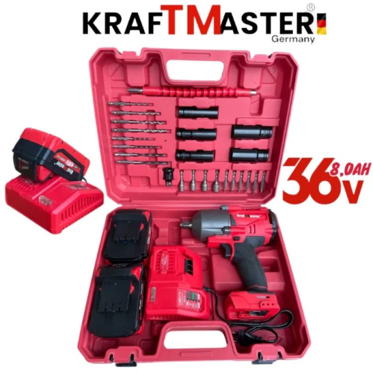 Cheie mare fără fir 1/2 36V 8Ah KRAFTMASTER cu 25 de piese, 2 baterii și încărcător în trusă