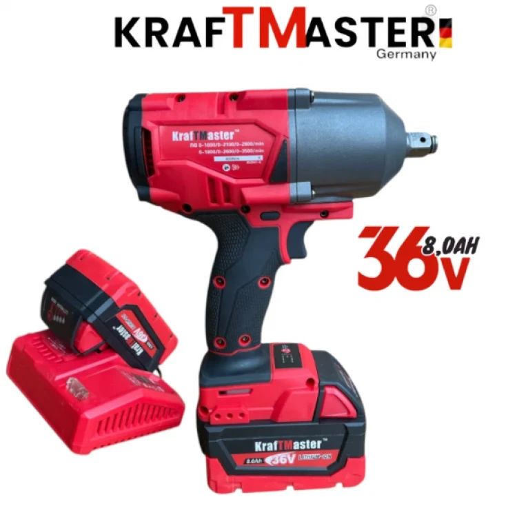 Cheie mare fără fir 1/2 36V 8Ah KRAFTMASTER cu 25 de piese, 2 baterii și încărcător în trusă