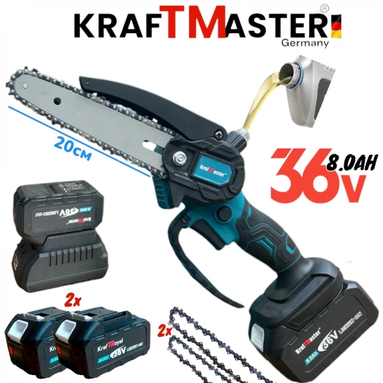 Drujba pentru crengi fără fir cu ungere automată a lanțului KRAFTMASTER Ferăstrău cu lanț fără fir de 36V 8.0AH pentru lemn