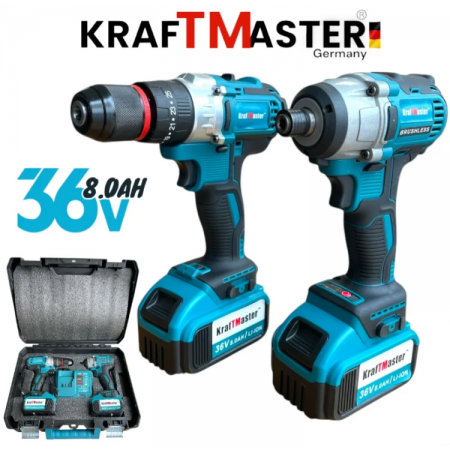 Cheie de impact și șurubelniță fără fir, fără perii, 36V 8AH, într-o cutie KRAFTMASTER