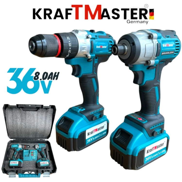 Cheie de impact și șurubelniță fără fir, fără perii, 36V 8AH, într-o cutie KRAFTMASTER