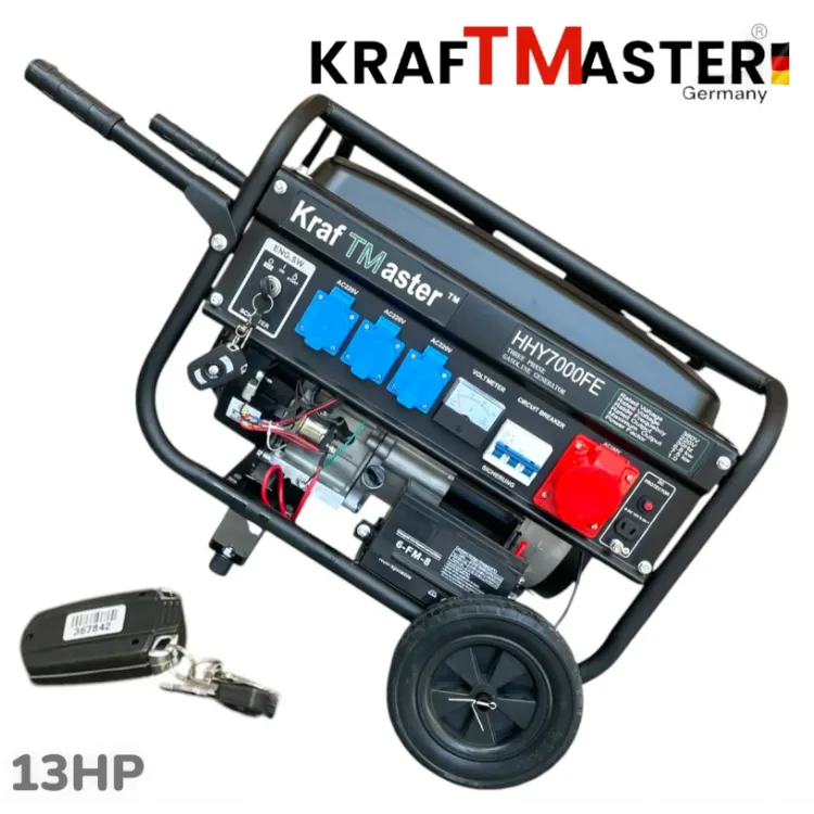 Generator cu motor în patru timpi cu roți și telecomandă 7,5 kW KRAFT MASTER 13 CP 220V 380V 12V Generator cu motor în patru timpi cu roți și telecomandă 7,5 kW KRAFT MASTER 13 CP 220V 380V 12V