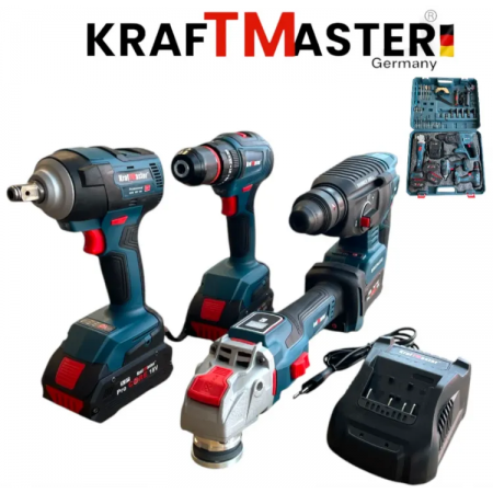 Set  4 în 1 fără fir  șurubelniță, cheie de inpact și polizor unghiular cu 50 de piese, KRAFT MASTER 18V ​​​​5AH