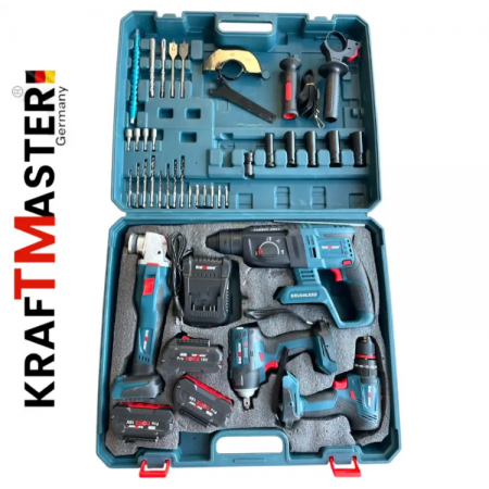 Set 4 în 1 fără fir șurubelniță, cheie de inpact și polizor unghiular cu 50 de piese, KRAFT MASTER 18V 5AH Set 4 în 1 fără fir șurubelniță, cheie de inpact și polizor unghiular cu 50 de piese, KRAFT MASTER 18V 5AH