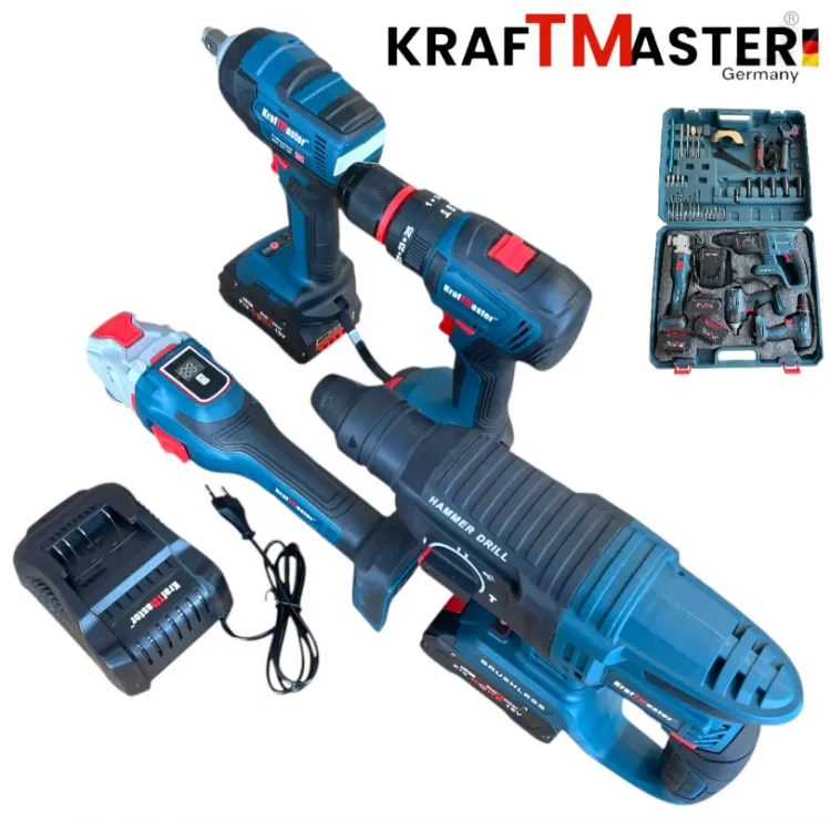 Set 4 în 1 fără fir șurubelniță, cheie de inpact și polizor unghiular cu 50 de piese, KRAFT MASTER 18V 5AH Set 4 în 1 fără fir șurubelniță, cheie de inpact și polizor unghiular cu 50 de piese, KRAFT MASTER 18V 5AH