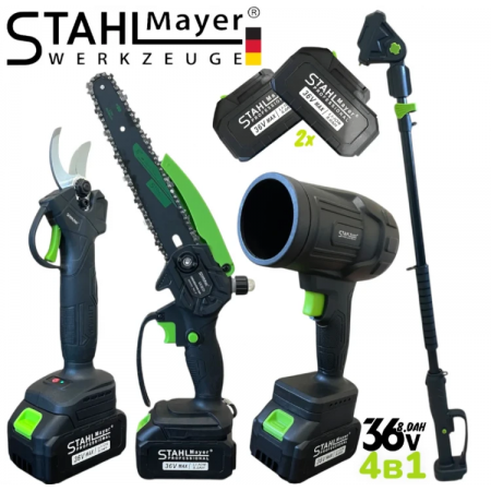 Set 4 în 1 Suflantă de frunze fără fir Foarfecă de grădinărit Foarfecă de tăiat crengi 25 cm 8" (Lubrifiere automată a lanțului) Tijă telescopică STAHLMAYER 36V 8.0AH