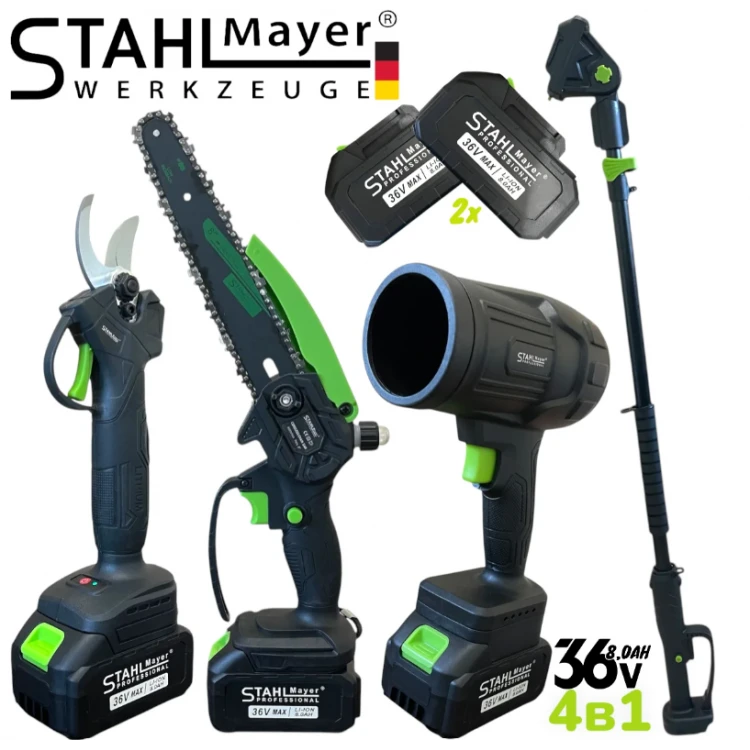 Set 4 în 1 Suflantă de frunze fără fir Foarfecă de grădinărit Foarfecă de tăiat crengi 25 cm 8" (Lubrifiere automată a lanțului) Tijă telescopică STAHLMAYER 36V 8.0AH Set 4 în 1 Suflantă de frunze fără fir Foarfecă de grădinărit Foarfecă de tăiat crengi 25 cm 8" (Lubrifiere automată a lanțului) Tijă telescopică STAHLMAYER 36V 8.0AH