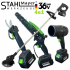 Set de grădină profesional 4 în 1 STAHLMAYER Foarfecă de grădinărit 36V, tăietor de crengi, trimmer pentru tuns iarba fără fir și pistol suflanta turbo 36V 8.0AH, 2 baterii