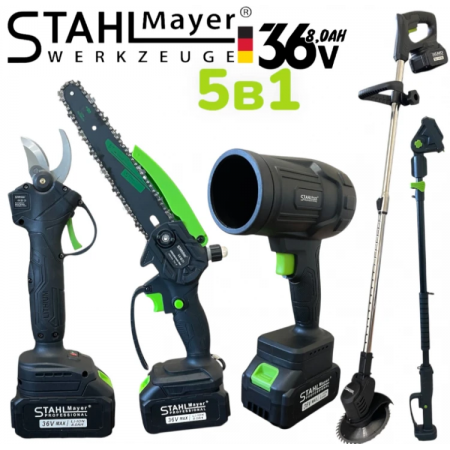 Set promoțional de grădină fără fir 5 în 1, suflantă telescopică cu tijă, tăietor de crengi, foarfecă de grădinărit și trimmer de iarbă STAHLMAYER 36V 8.0AH, 2 baterii