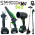 Set promoțional de grădină fără fir 5 în 1, suflantă telescopică cu tijă, tăietor de crengi, foarfecă de grădinărit și trimmer de iarbă STAHLMAYER 36V 8.0AH, 2 baterii
